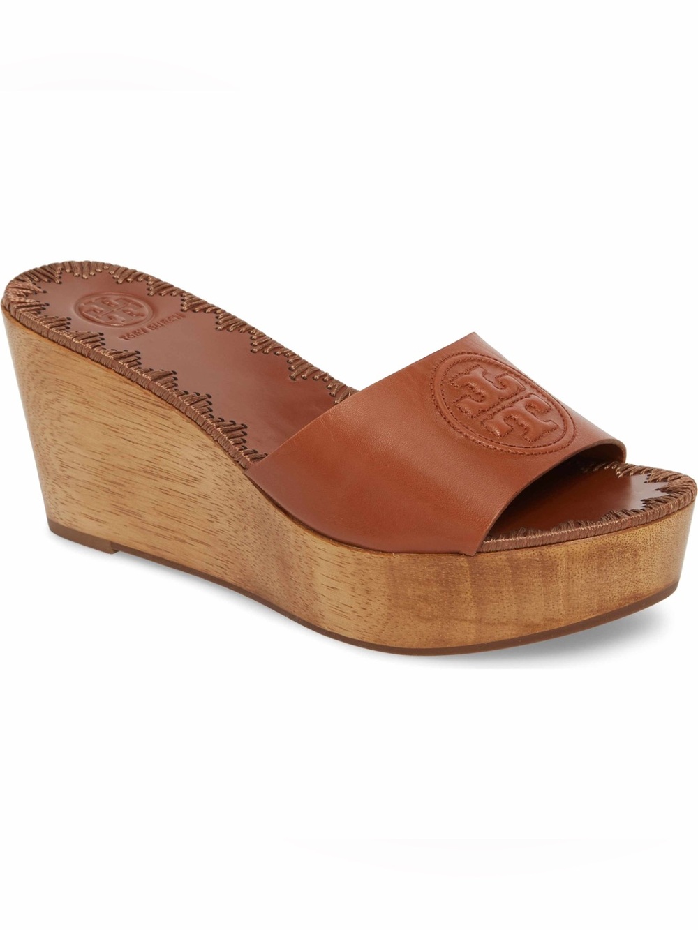 Tory Burch Patti Wedge 80mm Slide Sandals Nappa Leather Perfect Cuoio 6.5 Shoes
